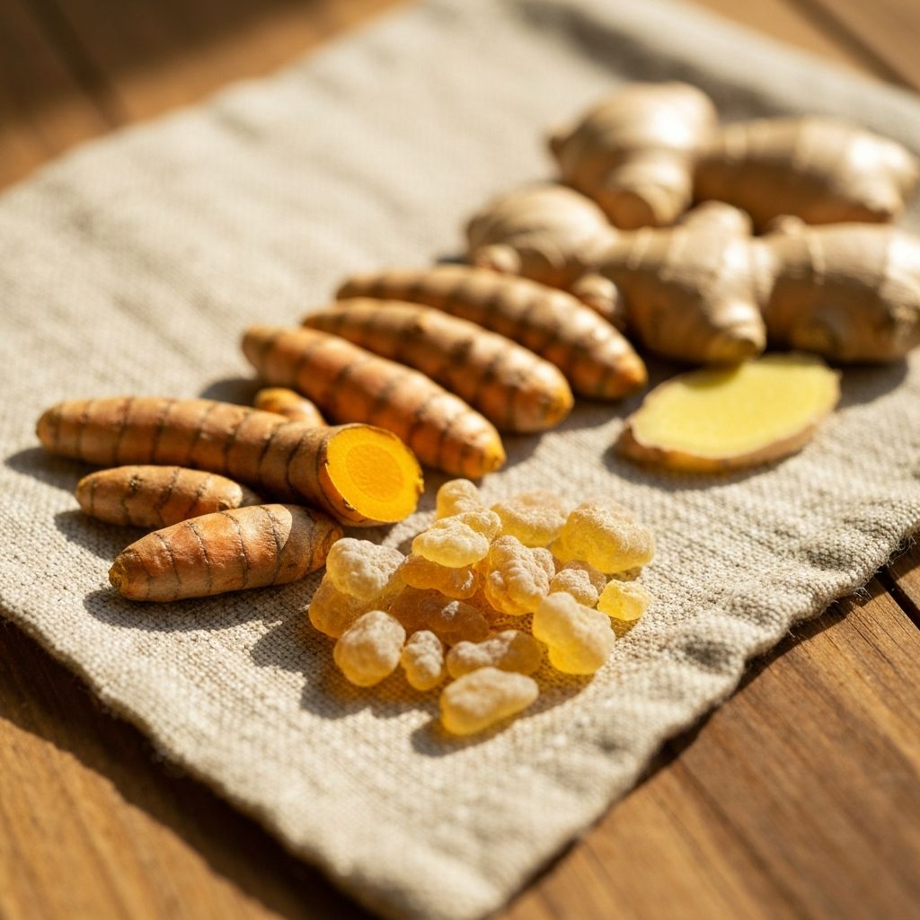 Close-up of natural herbs including turmeric, ginger, and boswellia resin