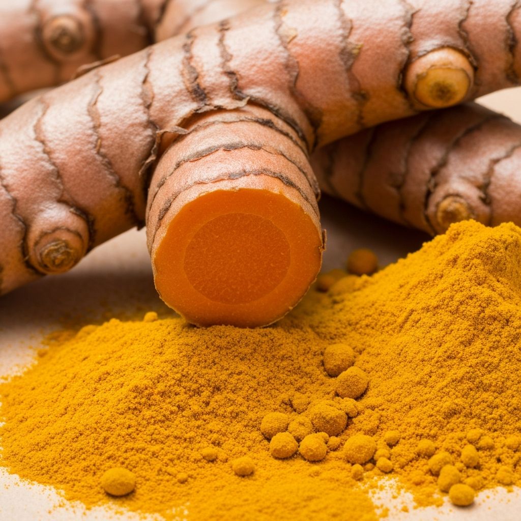 Fresh turmeric root and golden turmeric powder